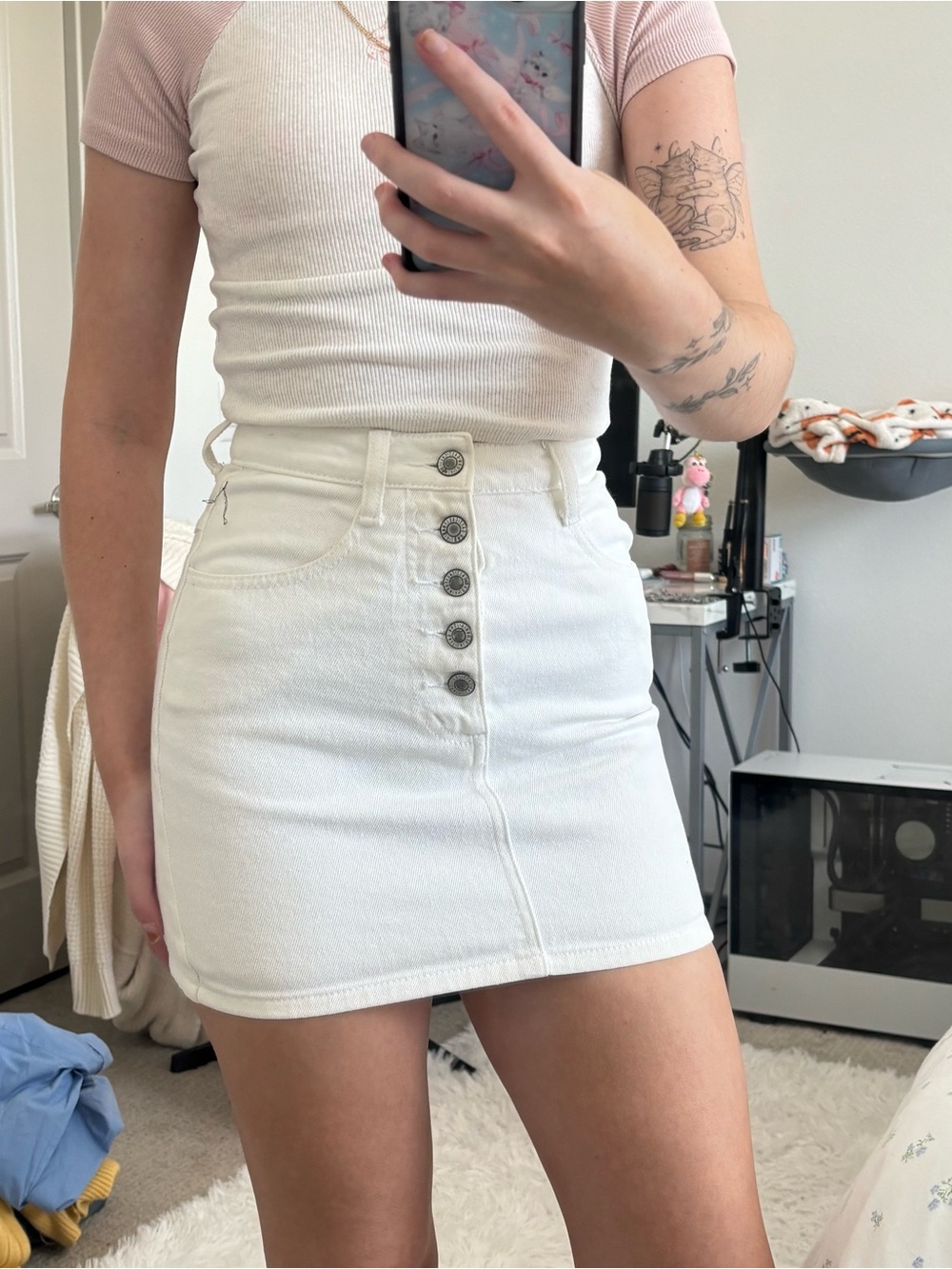 John Galt Off White Denim Button Up Mini Skirt Size XS